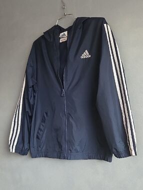 ADIDAS THREE WHITE STRIPE NAVY (YOUTH) VINTAGE HOODED WINDBREAKER LRG SIZE 14-16